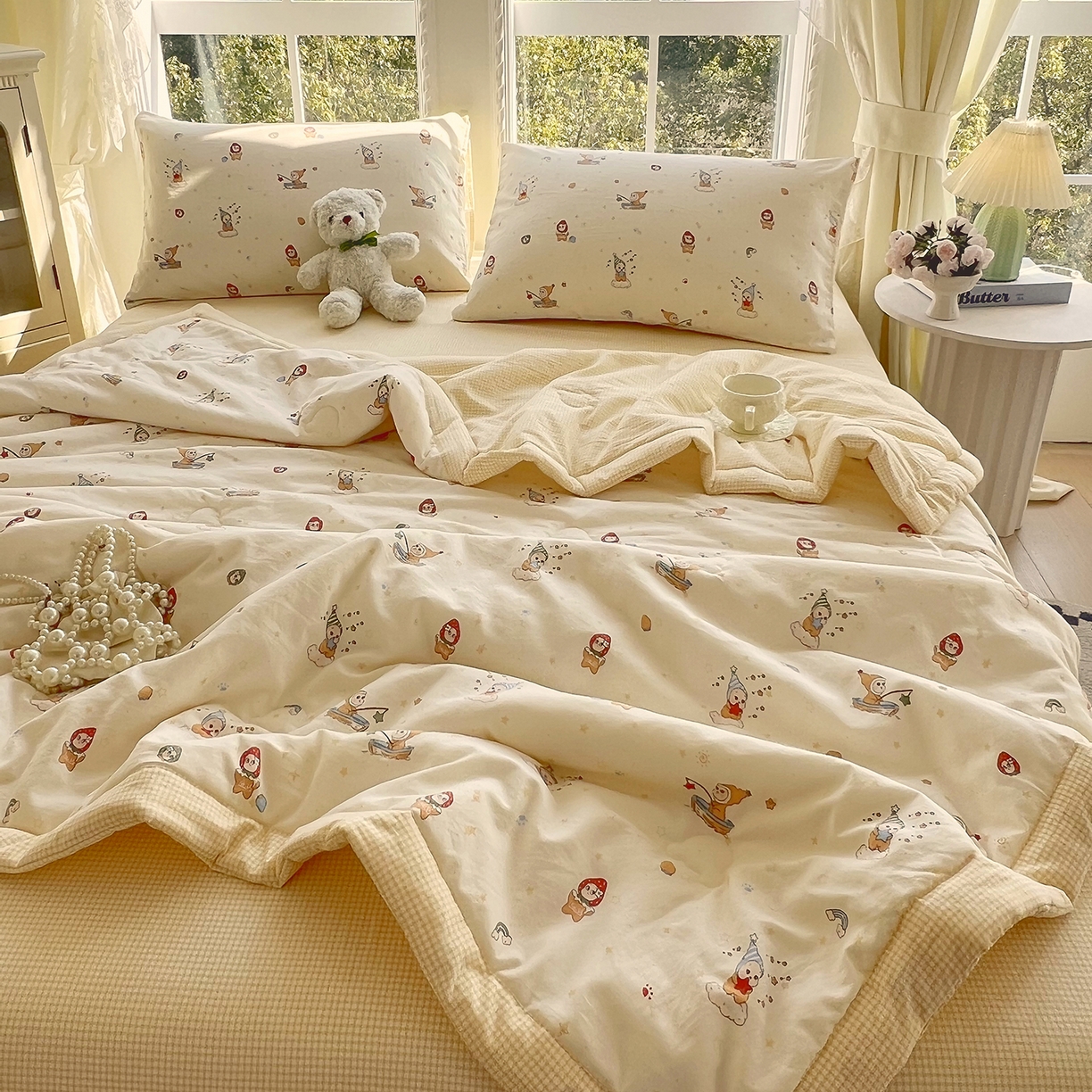 91家纺网 家纺一手货源 找家纺 梵克保罗 2026春夏新款抗菌亲肤棉田园碎花格子单夏被夏被四件套空调被 黄格星趣