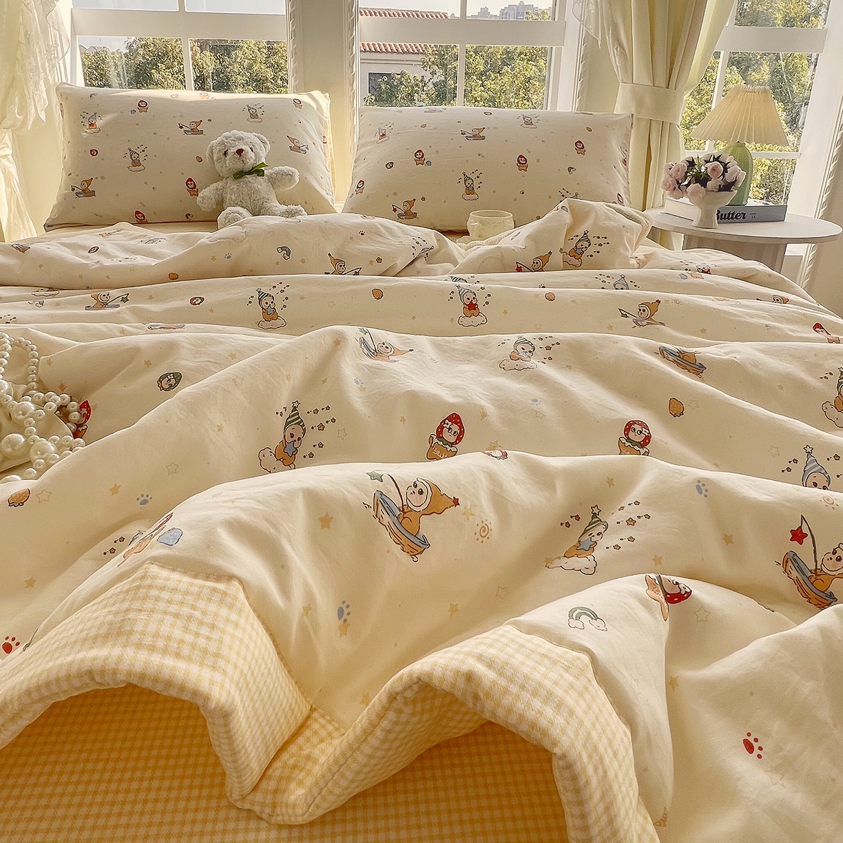 91家纺网 家纺一手货源 找家纺 梵克保罗 2026春夏新款抗菌亲肤棉田园碎花格子单夏被夏被四件套空调被 黄格星趣