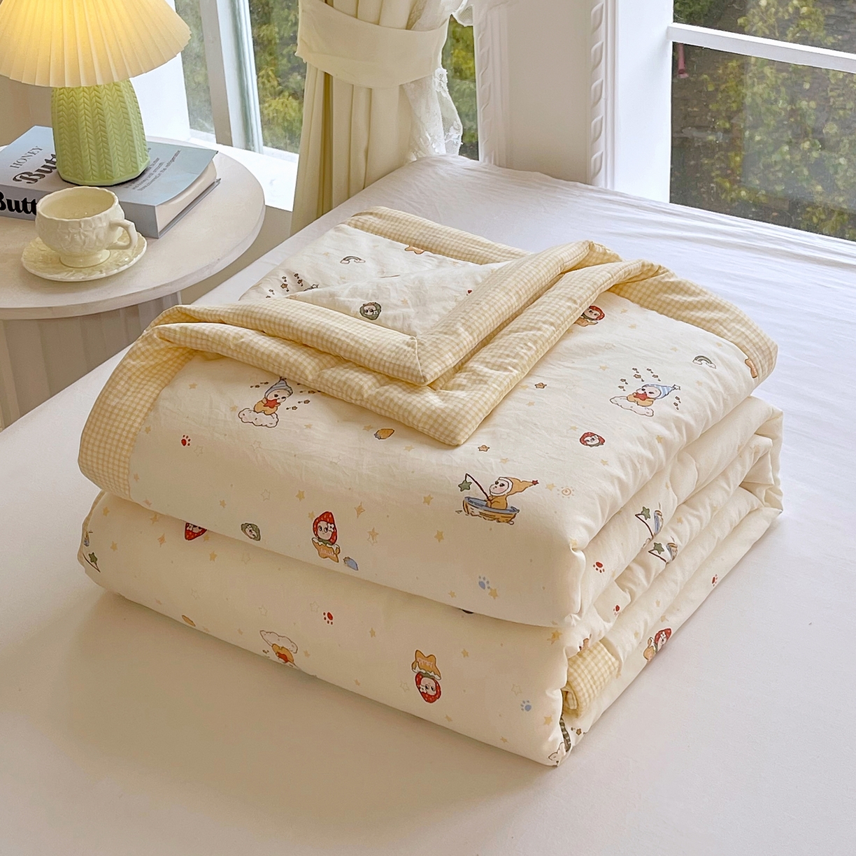 梵克保罗 2026春夏新款抗菌亲肤棉田园碎花格子单夏被夏被四件套空调被 黄格星趣