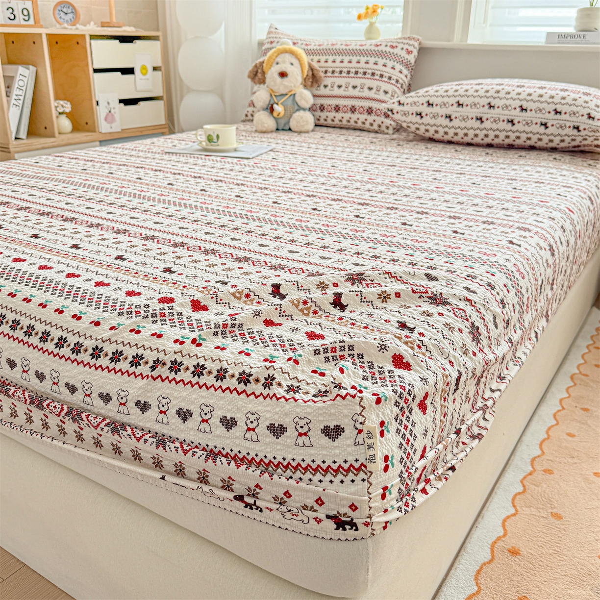 91家纺网 家纺一手货源 找家纺 女子家纺 2026新款亲肤泡芙纱印花床笠单床笠床笠单件 圣诞小狗