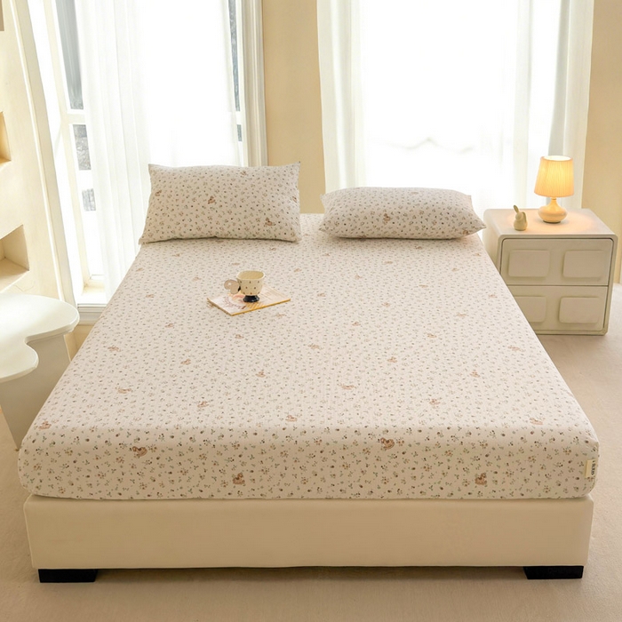 91家纺网 家纺一手货源 找家纺 几禾 2026新款高克重泡芙纱~印花款（单床笠）浅糯系列-110g CL浅糯-木马小花团