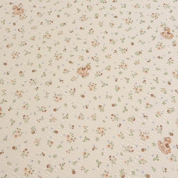 91家纺网 家纺一手货源 找家纺 几禾 2026新款高克重泡芙纱~印花款（单床笠）浅糯系列-110g CL浅糯-木马小花团