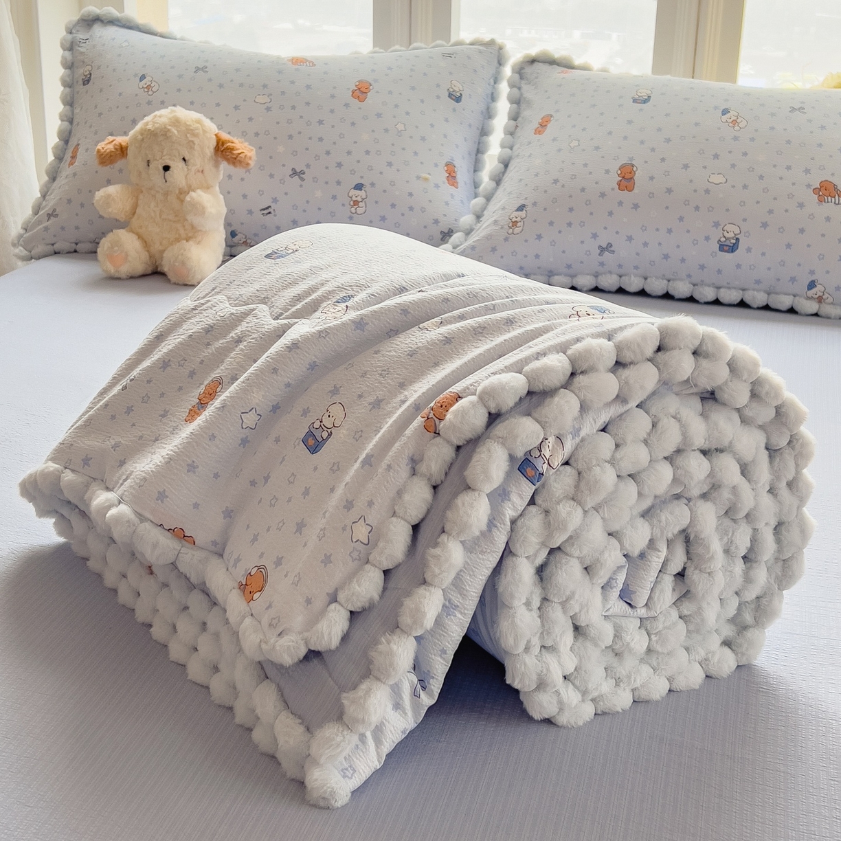 梵克保罗 2026春夏新款10A抗菌毛球花边皱皱纱夏被单夏被空调被夏被四件套 蓝星狗