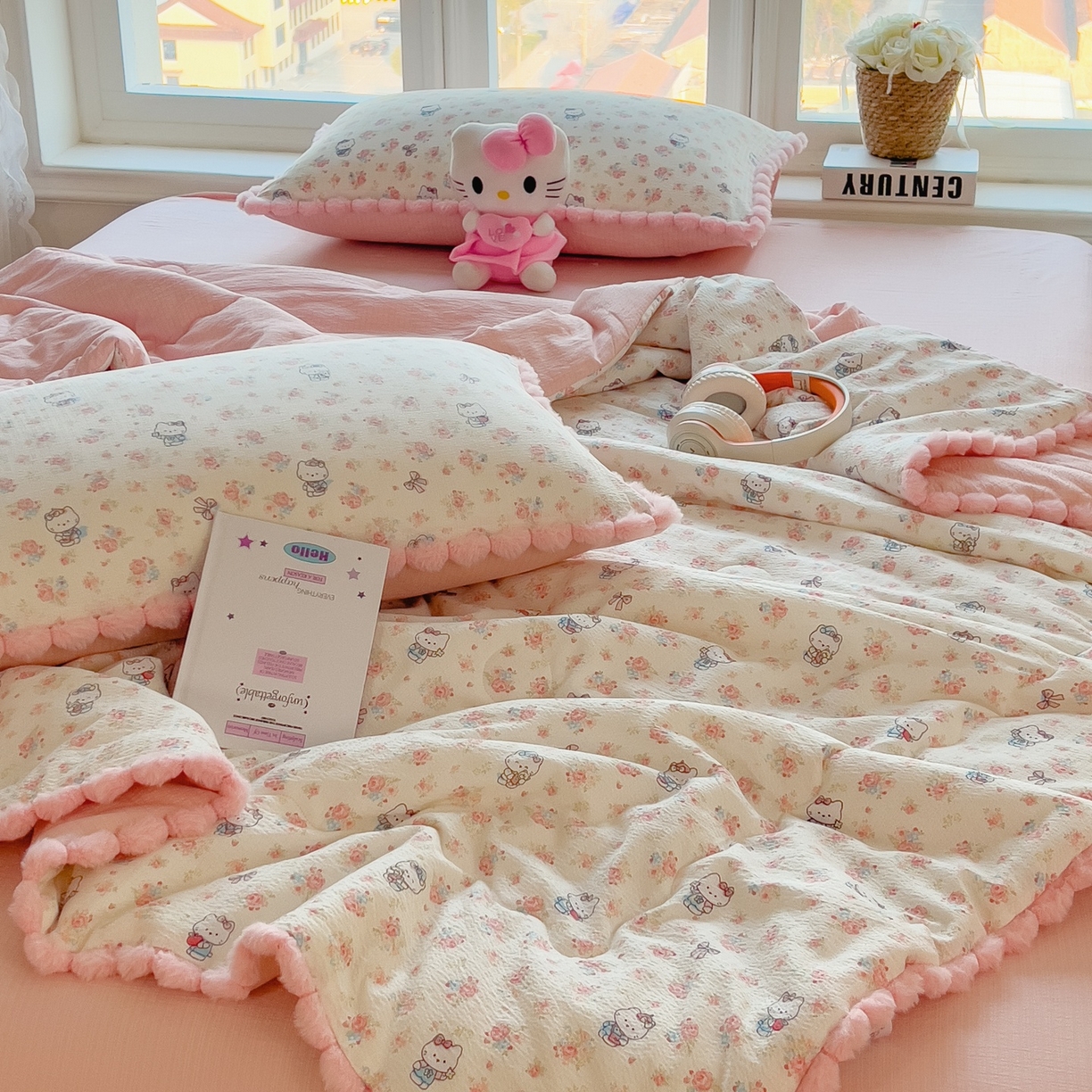 91家纺网 家纺一手货源 找家纺 梵克保罗 2026春夏新款10A抗菌毛球花边皱皱纱夏被单夏被空调被夏被四件套 萌兔花园