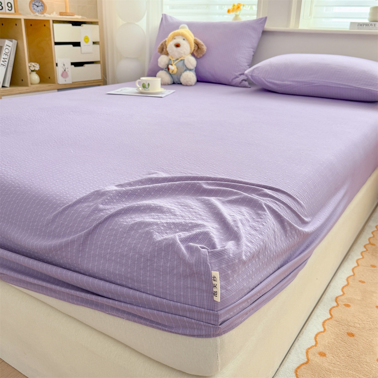 91家纺网 家纺一手货源 找家纺 女子家纺 2026新款亲肤泡芙纱印花床笠单床笠床笠单件 西梅紫