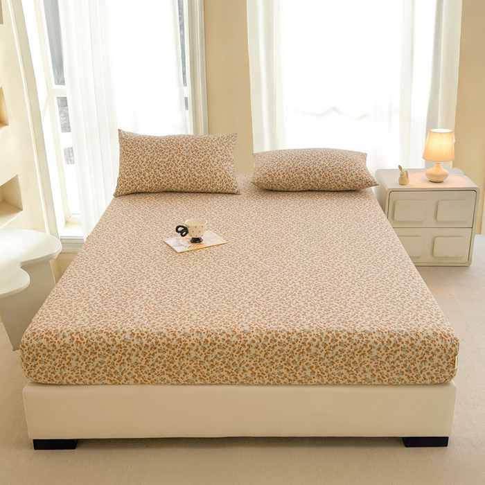 91家纺网 家纺一手货源 找家纺 几禾 2026新款高克重泡芙纱~印花款（单床笠）浅糯系列-110g CL浅糯-暖橘枝