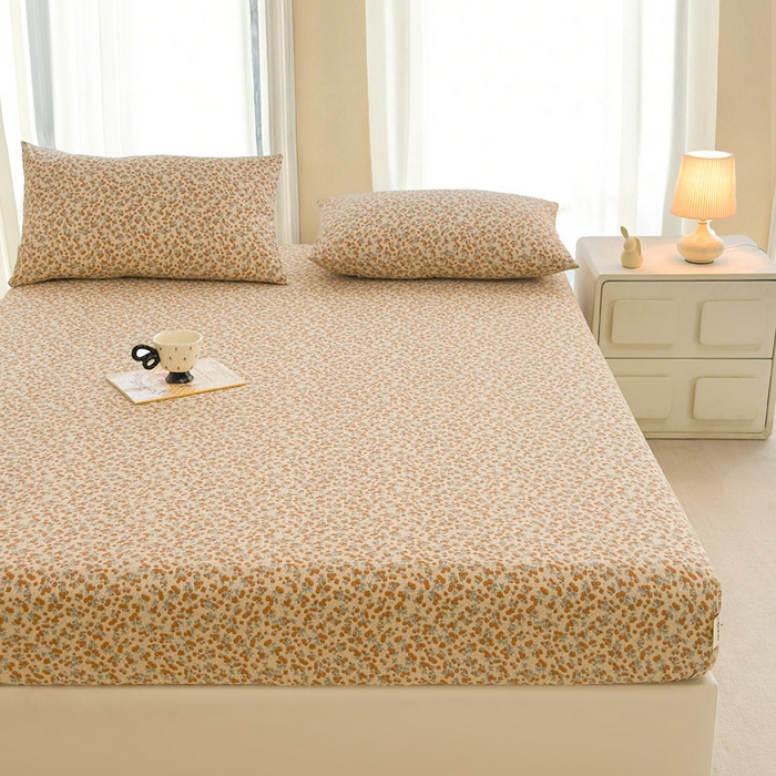 91家纺网 家纺一手货源 找家纺 几禾 2026新款高克重泡芙纱~印花款（单床笠）浅糯系列-110g CL浅糯-暖橘枝