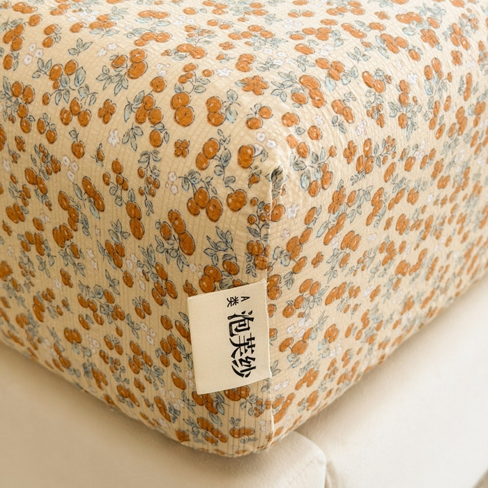 91家纺网 家纺一手货源 找家纺 几禾 2026新款高克重泡芙纱~印花款（单床笠）浅糯系列-110g CL浅糯-暖橘枝