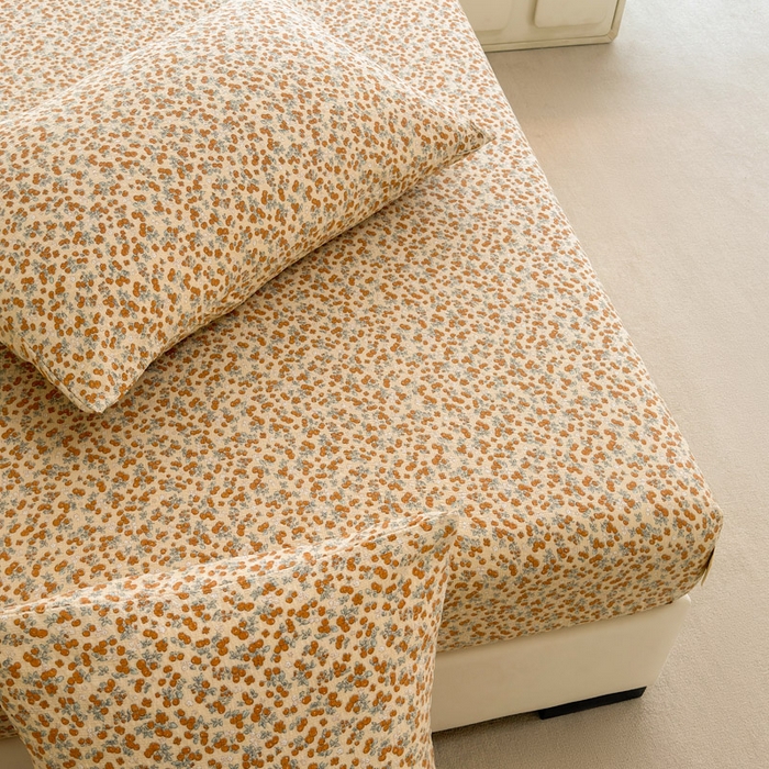 91家纺网 家纺一手货源 找家纺 几禾 2026新款高克重泡芙纱~印花款（单床笠）浅糯系列-110g CL浅糯-暖橘枝