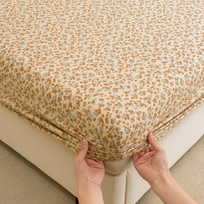 91家纺网 家纺一手货源 找家纺 几禾 2026新款高克重泡芙纱~印花款（单床笠）浅糯系列-110g CL浅糯-暖橘枝