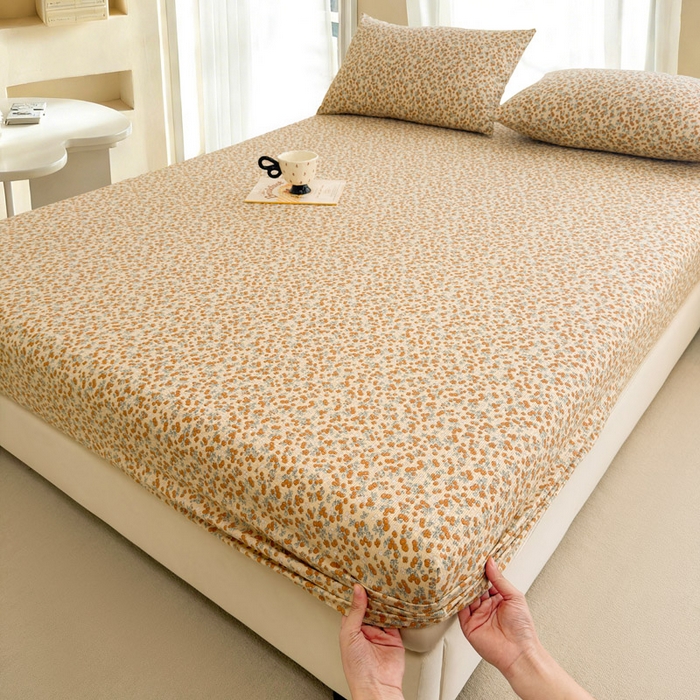 91家纺网 家纺一手货源 找家纺 几禾 2026新款高克重泡芙纱~印花款（单床笠）浅糯系列-110g CL浅糯-暖橘枝