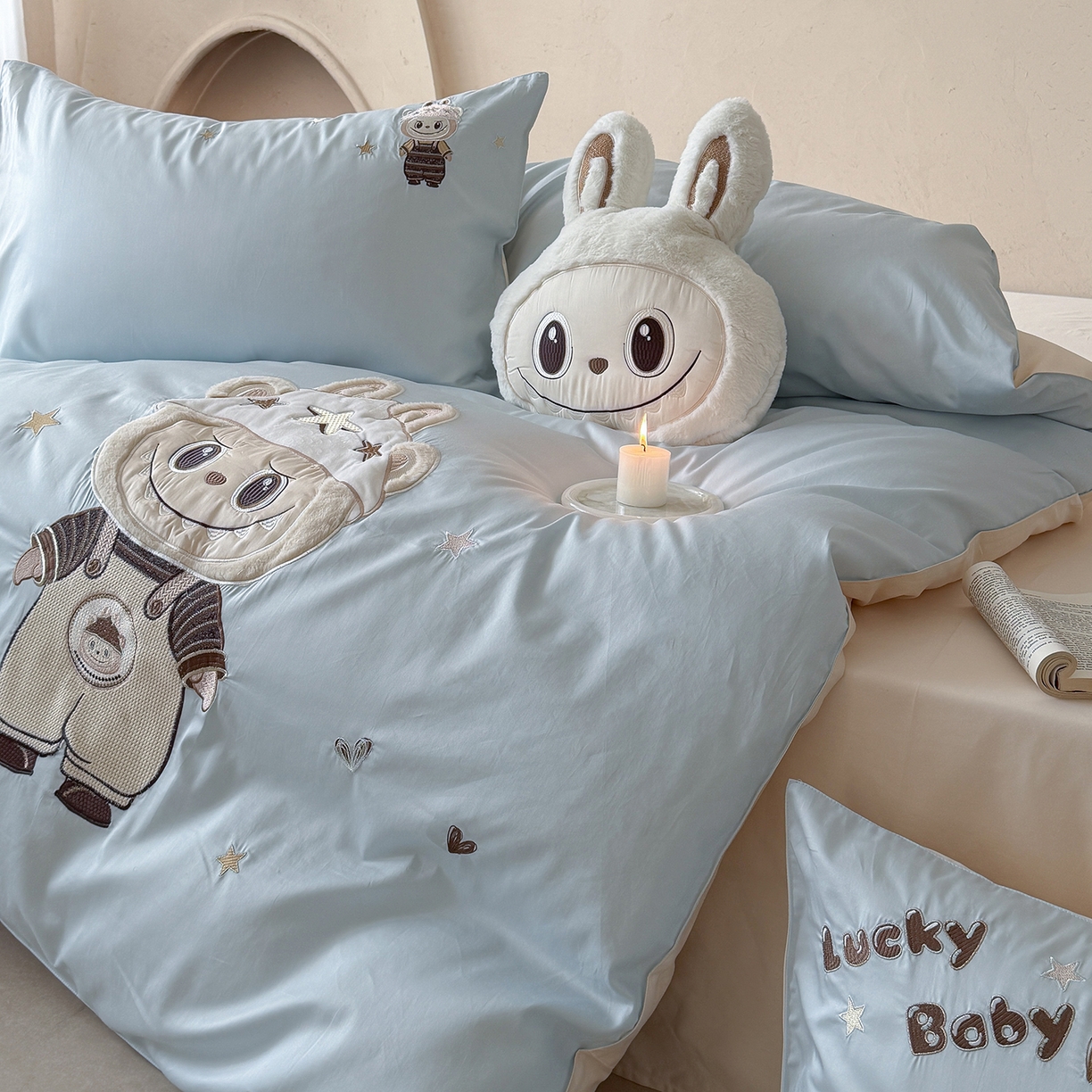 91家纺网 家纺一手货源 找家纺 优悦生活馆 2026新款全棉贴布绣四件套-幸运布布 幸运布布-蓝