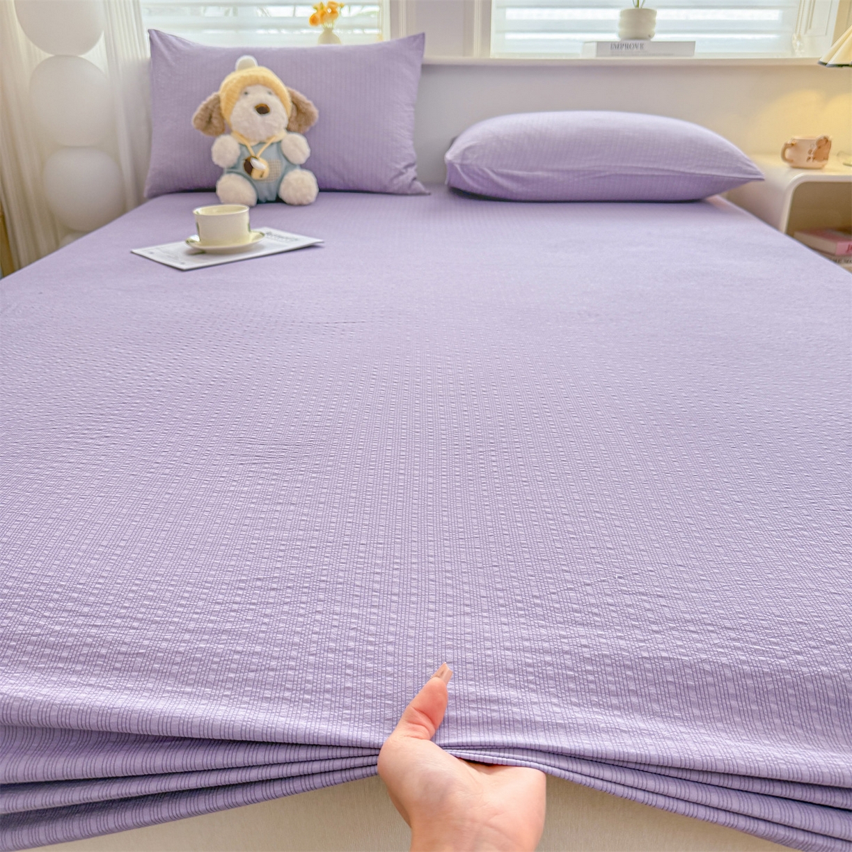 91家纺网 家纺一手货源 找家纺 女子家纺 2026新款亲肤泡芙纱印花床笠单床笠床笠单件 西梅紫