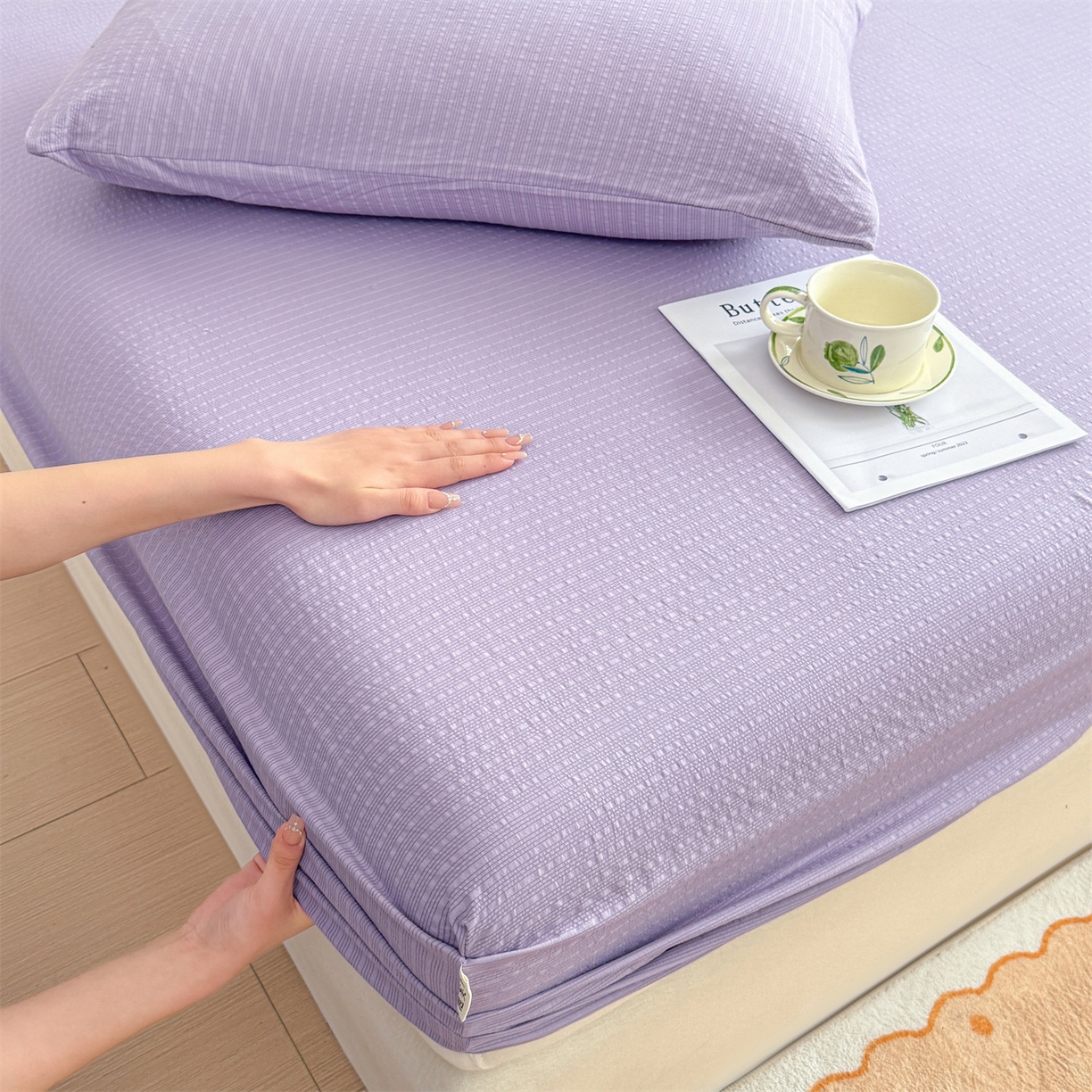 91家纺网 家纺一手货源 找家纺 女子家纺 2026新款亲肤泡芙纱印花床笠单床笠床笠单件 西梅紫