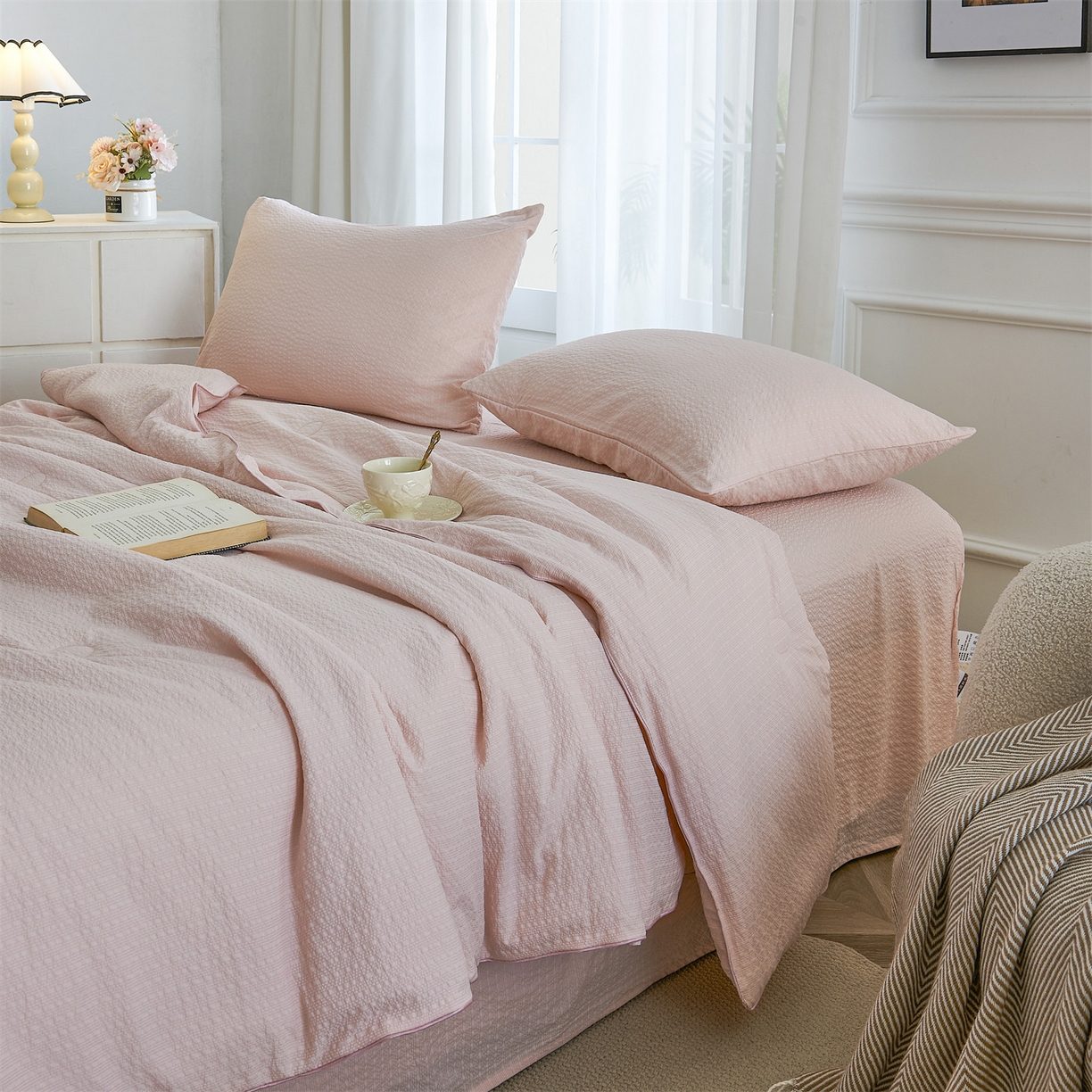 91家纺网 家纺一手货源 找家纺 （总）铺尚美家纺 2026新款泡芙棉夏被四件套泡芙纱单夏被空调被夏凉被-纯色