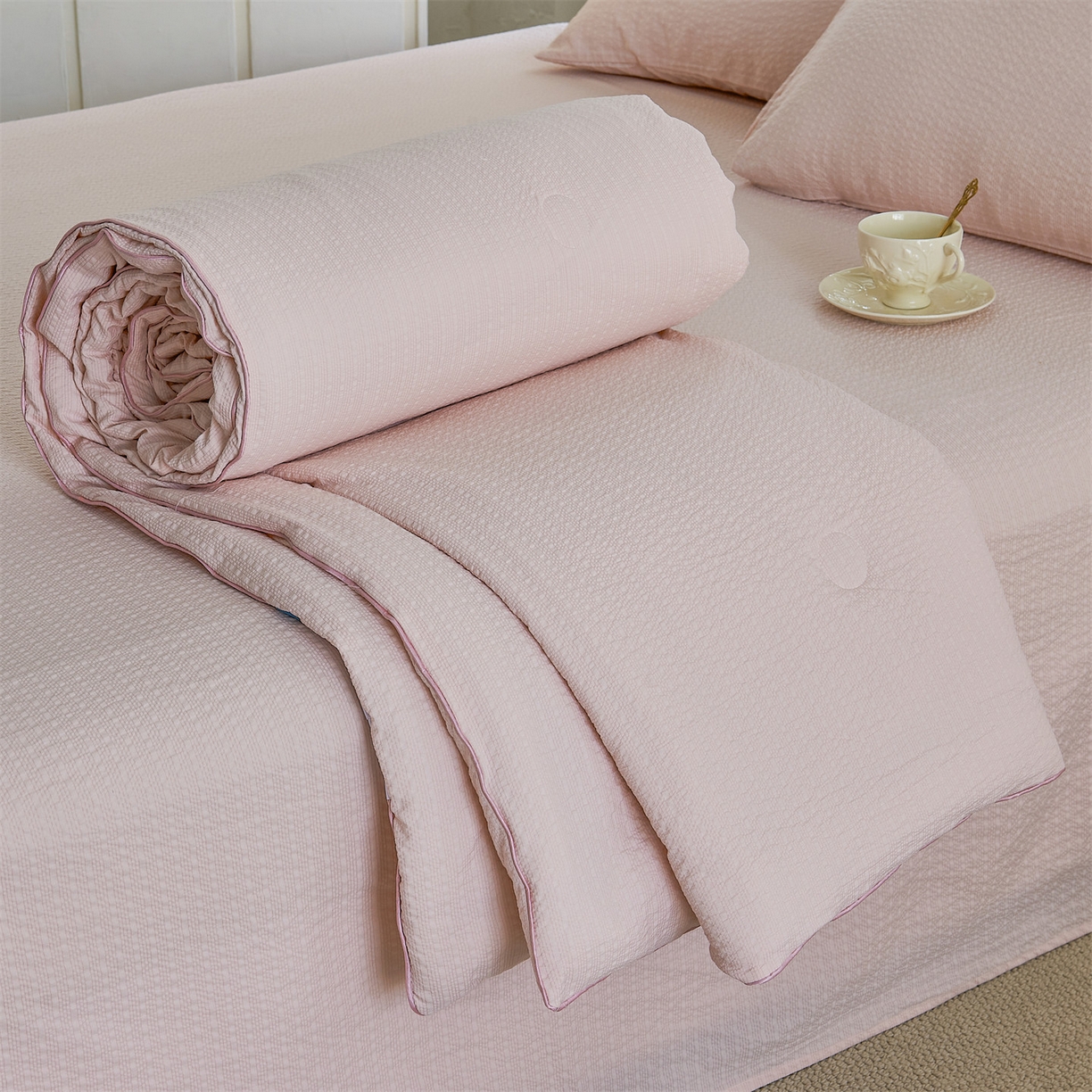 91家纺网 家纺一手货源 找家纺 （总）铺尚美家纺 2026新款泡芙棉夏被四件套泡芙纱单夏被空调被夏凉被-纯色