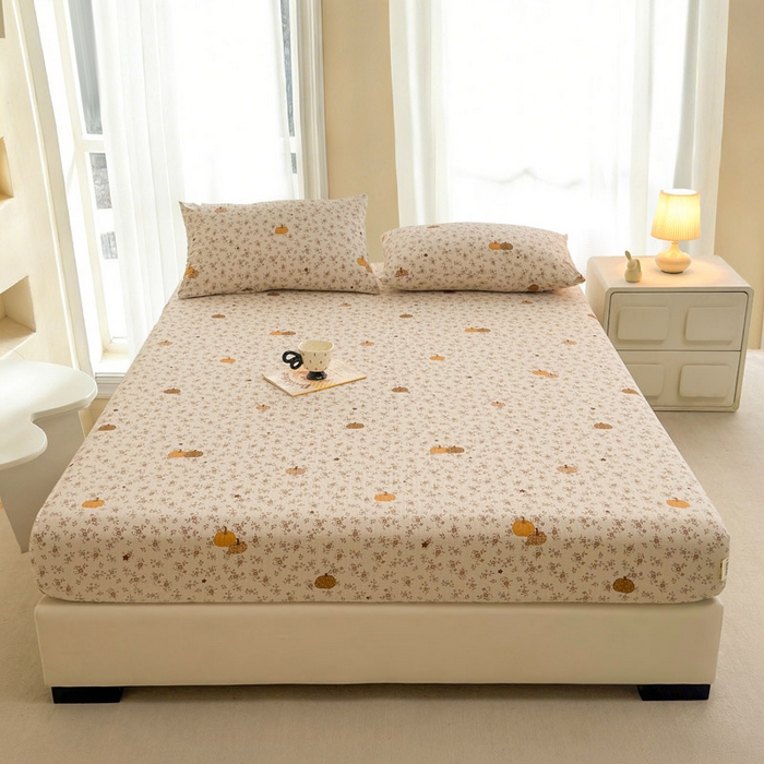 91家纺网 家纺一手货源 找家纺 几禾 2026新款高克重泡芙纱~印花款（单床笠）浅糯系列-110g CL浅糯-秋末南瓜星