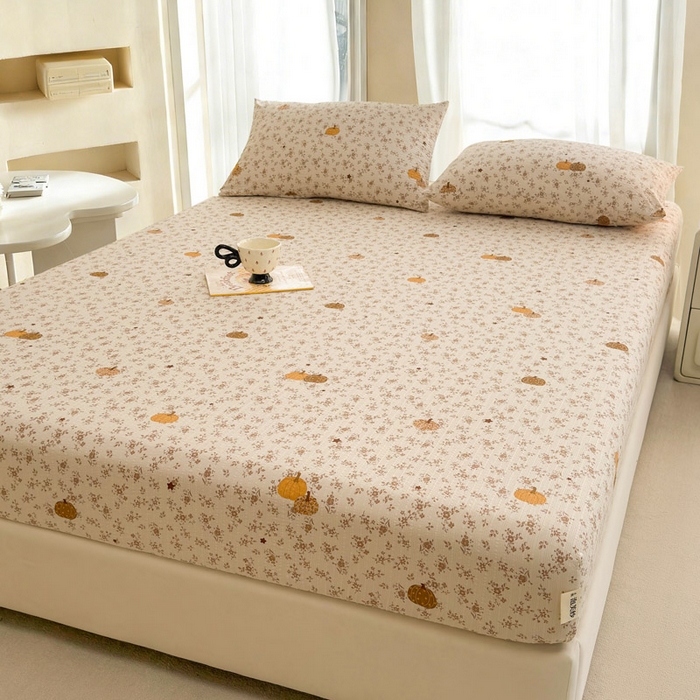 91家纺网 家纺一手货源 找家纺 几禾 2026新款高克重泡芙纱~印花款（单床笠）浅糯系列-110g CL浅糯-秋末南瓜星