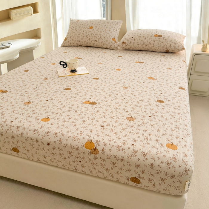 91家纺网 家纺一手货源 找家纺 几禾 2026新款高克重泡芙纱~印花款（单床笠）浅糯系列-110g CL浅糯-秋末南瓜星