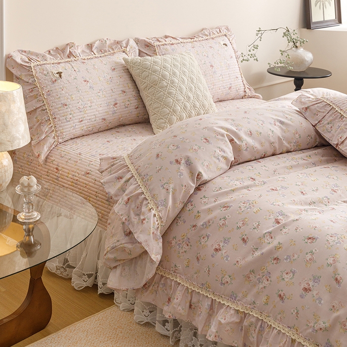 菊上家纺 2026新款40支全棉纯棉斜纹床盖款四件套 粉迪