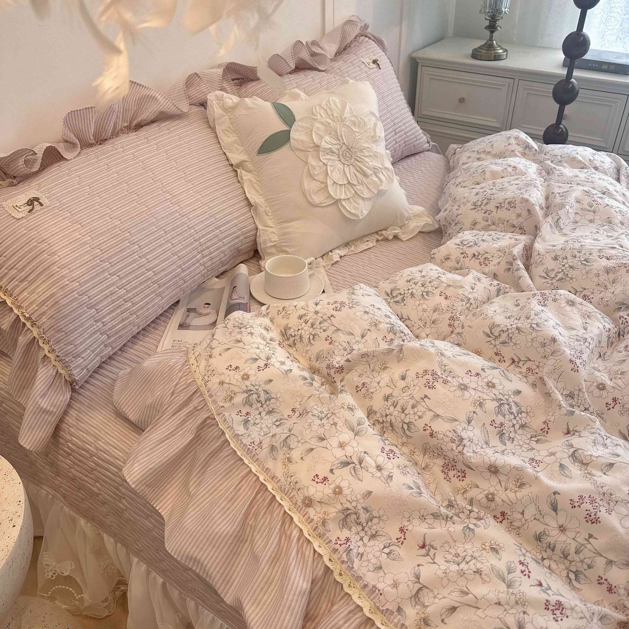 菊上家纺 2026新款40支全棉纯棉斜纹床盖款四件套 浅茉