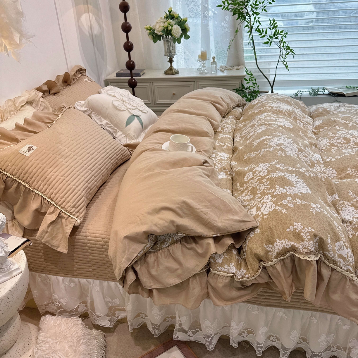 菊上家纺 2026新款40支全棉纯棉斜纹床盖款四件套 花容