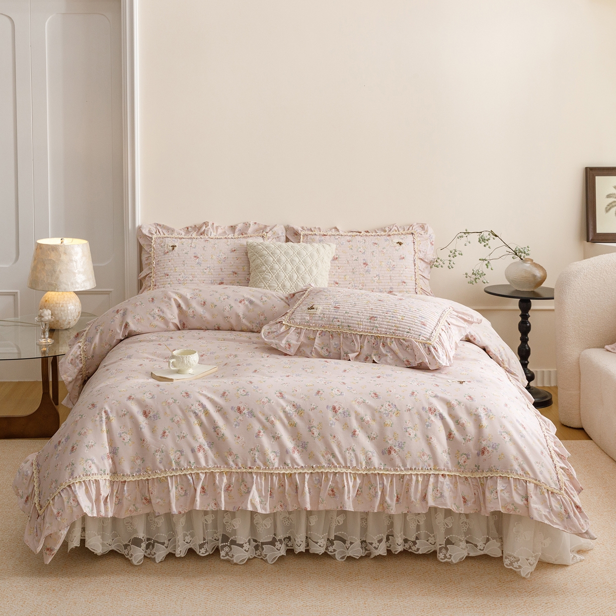 91家纺网 家纺一手货源 找家纺 菊上家纺 2026新款40支全棉纯棉斜纹床盖款四件套 粉迪