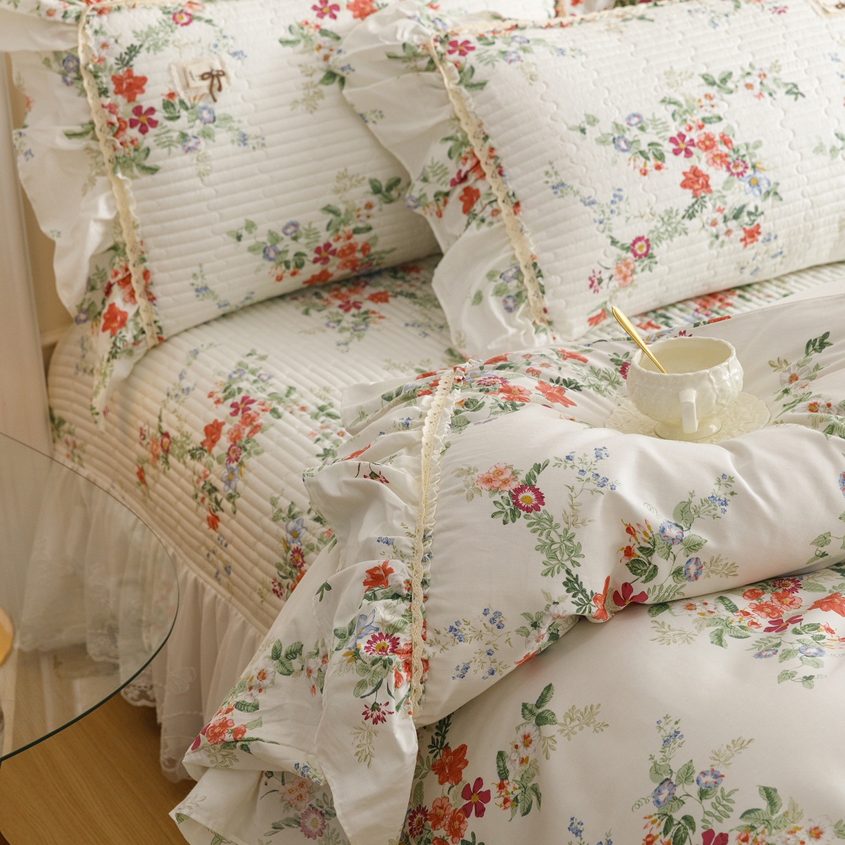 91家纺网 家纺一手货源 找家纺 菊上家纺 2026新款40支全棉纯棉斜纹床盖款四件套 青栀