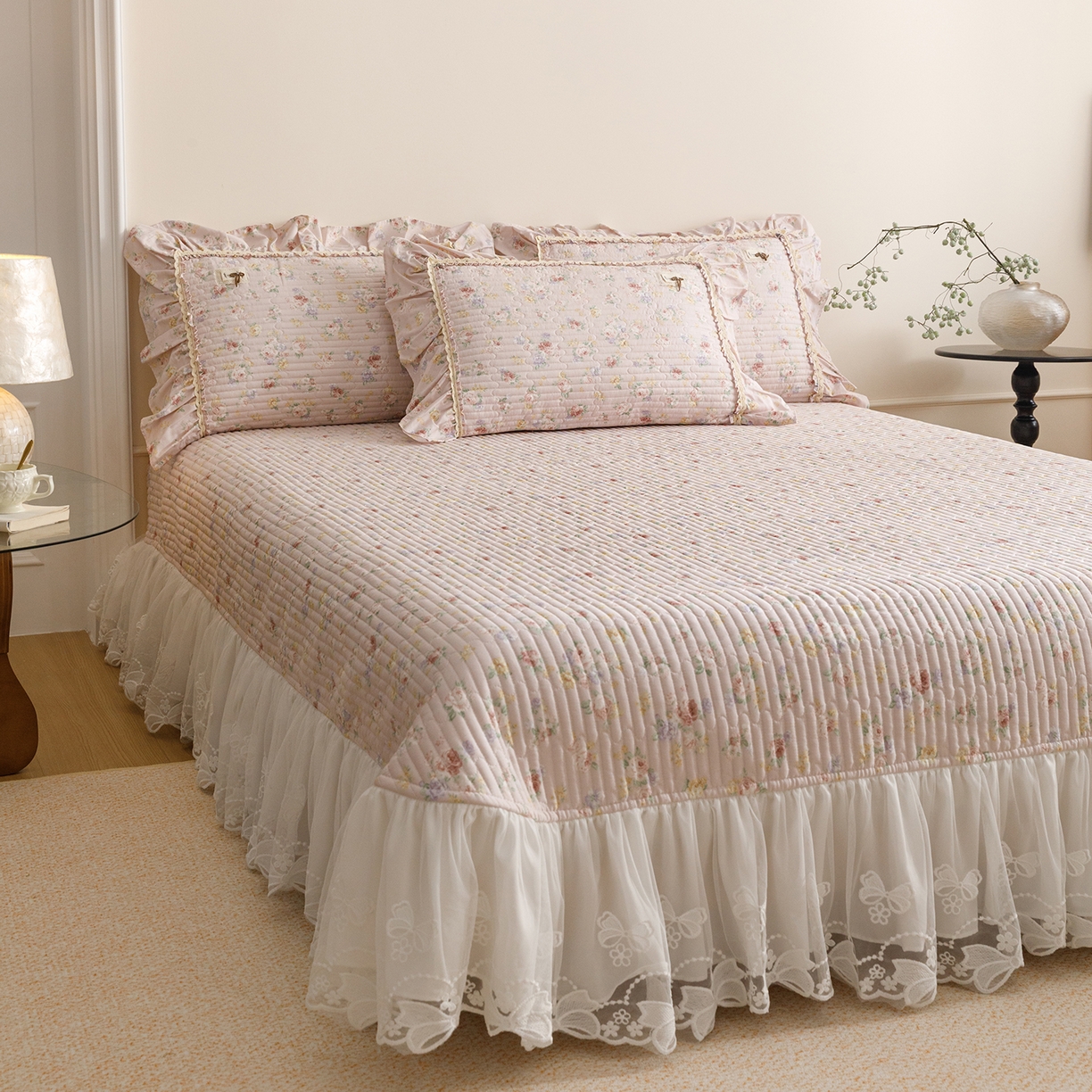 91家纺网 家纺一手货源 找家纺 菊上家纺 2026新款40支全棉纯棉斜纹床盖款四件套 粉迪