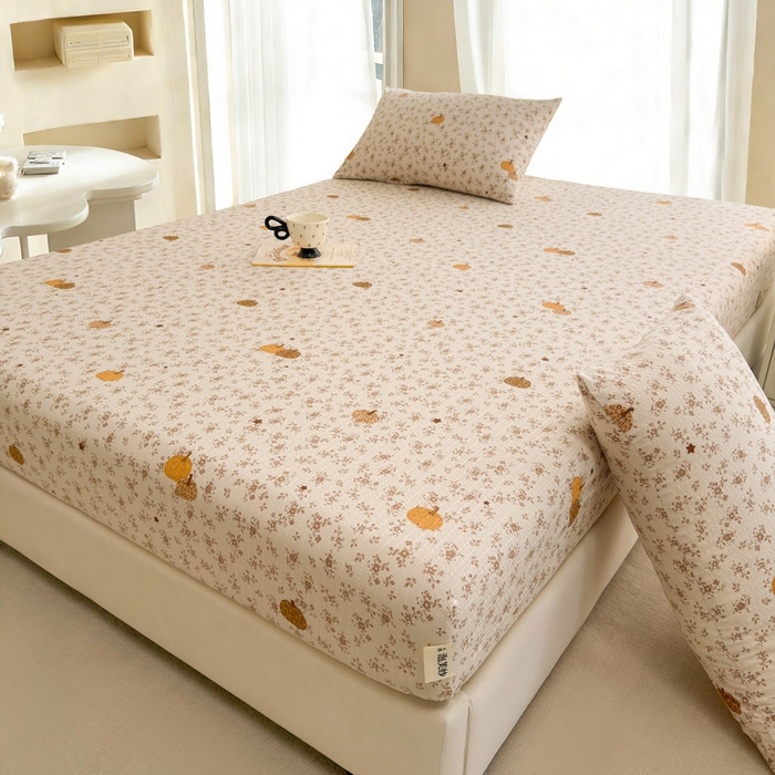 91家纺网 家纺一手货源 找家纺 几禾 2026新款高克重泡芙纱~印花款（单床笠）浅糯系列-110g CL浅糯-秋末南瓜星