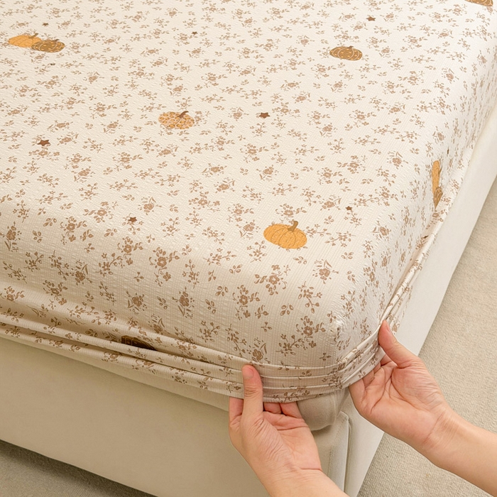 91家纺网 家纺一手货源 找家纺 几禾 2026新款高克重泡芙纱~印花款（单床笠）浅糯系列-110g CL浅糯-秋末南瓜星