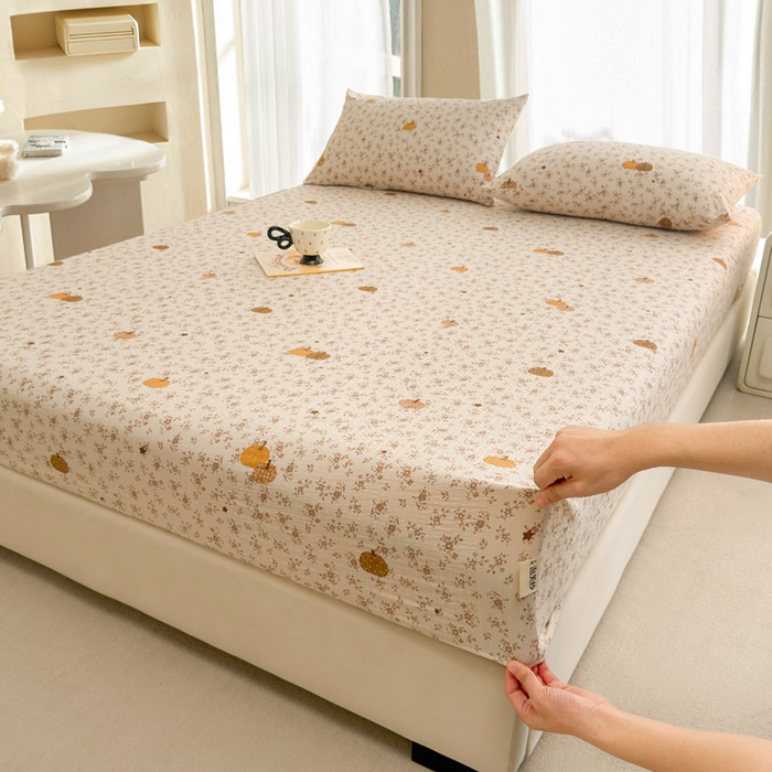 91家纺网 家纺一手货源 找家纺 几禾 2026新款高克重泡芙纱~印花款（单床笠）浅糯系列-110g CL浅糯-秋末南瓜星