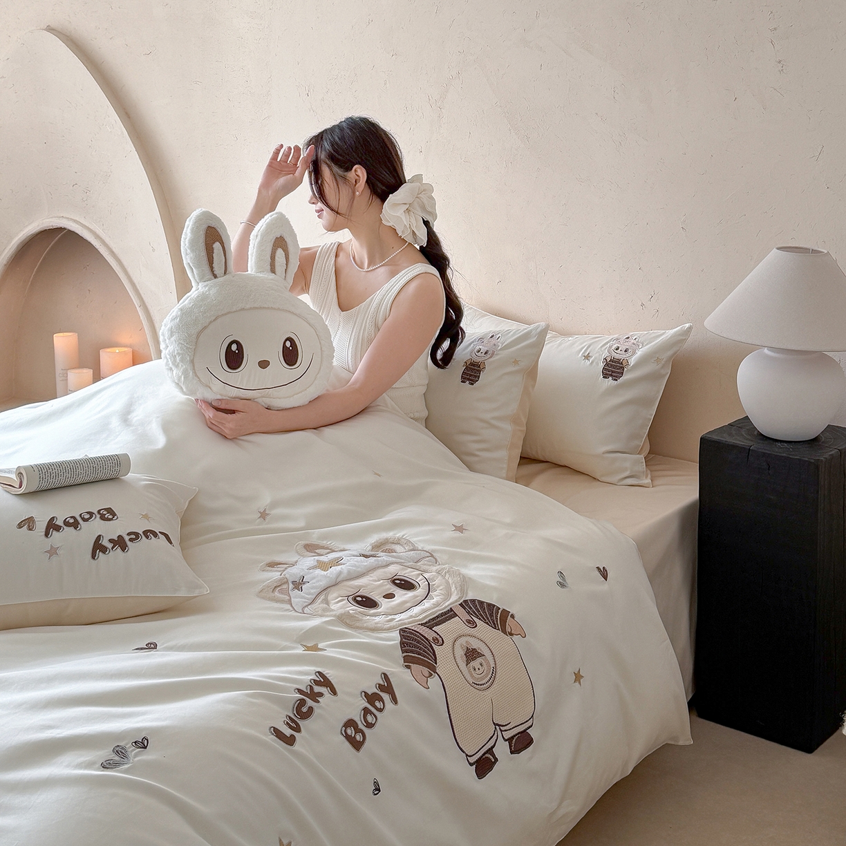 91家纺网 家纺一手货源 找家纺 优悦生活馆 2026新款全棉贴布绣四件套-幸运布布 幸运布布-白