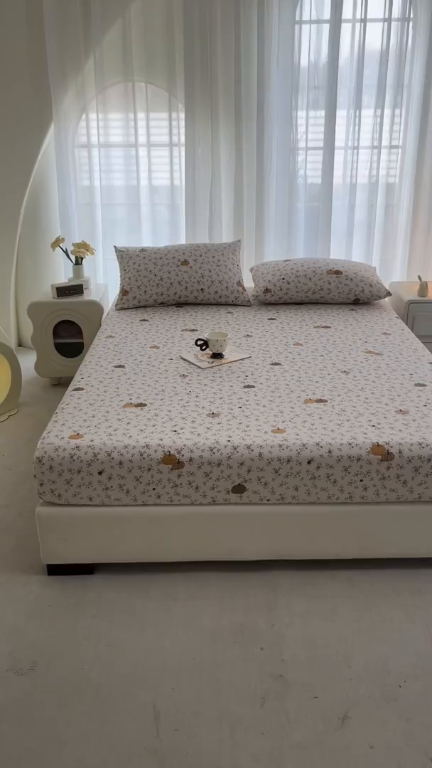 91家纺网 家纺一手货源 找家纺 几禾 2026新款高克重泡芙纱~印花款（单床笠）浅糯系列-110g CL浅糯-秋末南瓜星