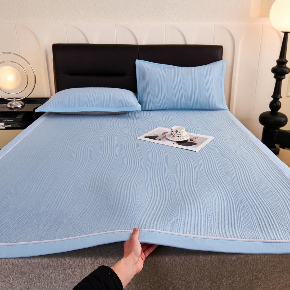 91家纺网 家纺一手货源 找家纺 （总）梵克保罗 2026春夏新款高分子4D凉感冰豆豆席波浪纹款平席款凉席款三件套