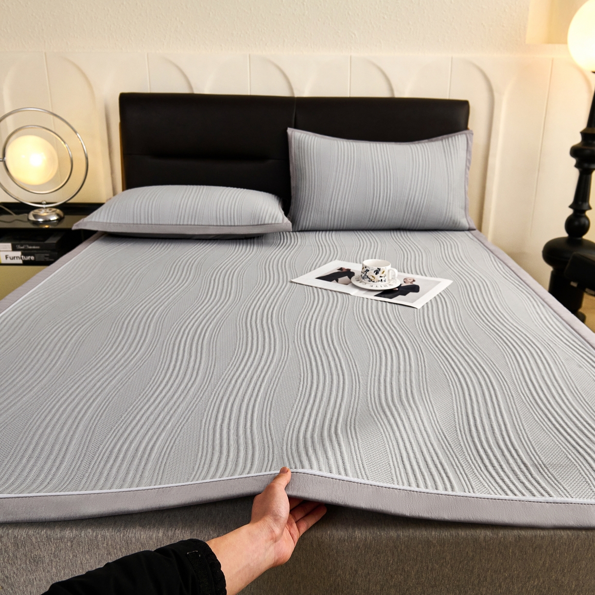 梵克保罗 2026春夏新款高分子4D凉感冰豆豆席波浪纹款平席款凉席款三件套 波浪纹-北极灰