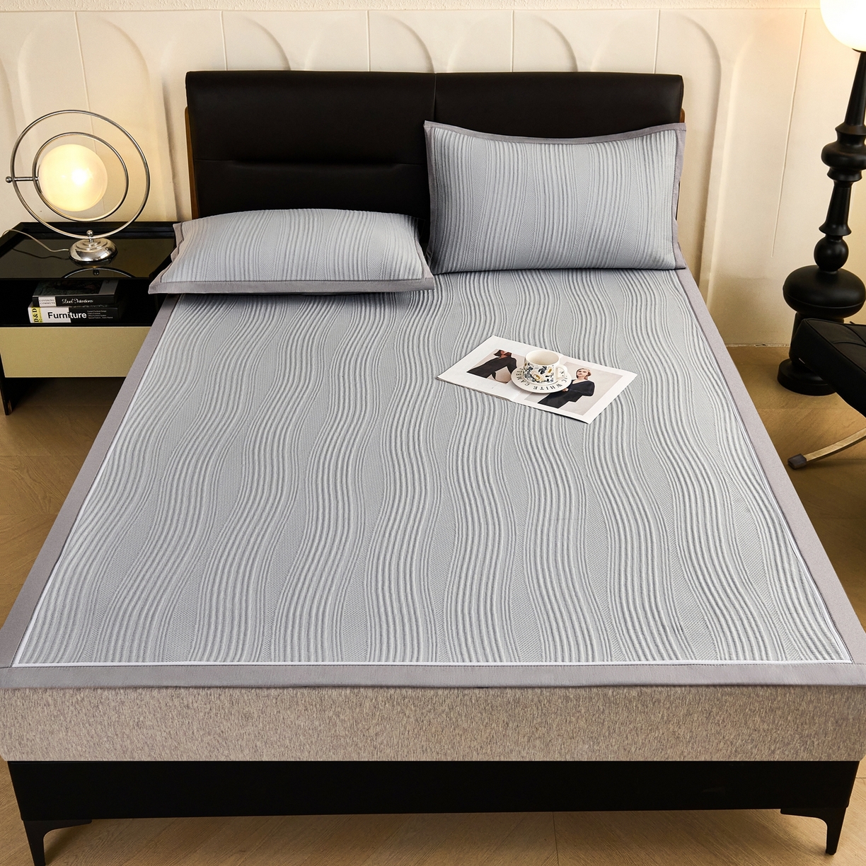 91家纺网 家纺一手货源 找家纺 梵克保罗 2026春夏新款高分子4D凉感冰豆豆席波浪纹款平席款凉席款三件套 波浪纹-北极灰