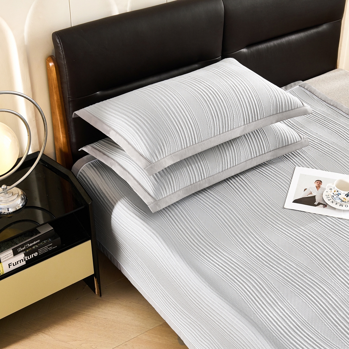 91家纺网 家纺一手货源 找家纺 梵克保罗 2026春夏新款高分子4D凉感冰豆豆席波浪纹款平席款凉席款三件套 波浪纹-北极灰