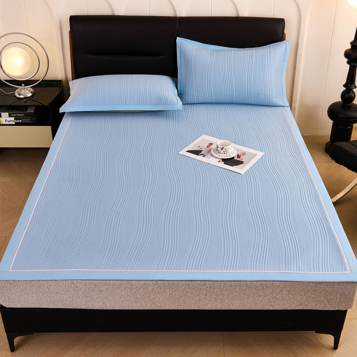 91家纺网 家纺一手货源 找家纺 梵克保罗 2026春夏新款高分子4D凉感冰豆豆席波浪纹款平席款凉席款三件套 波浪纹-海洋蓝