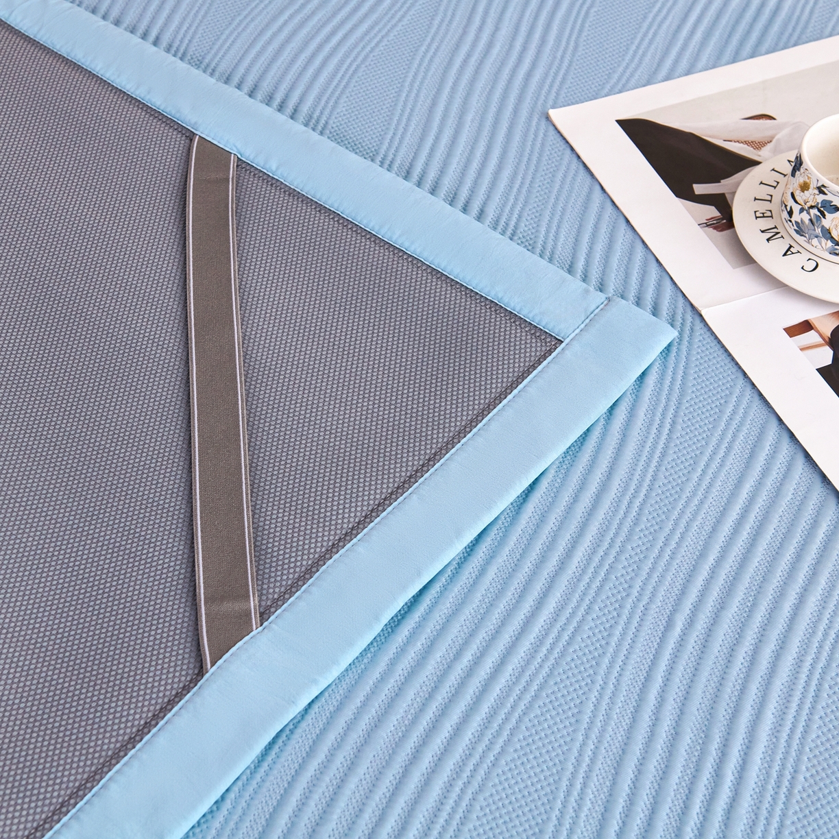 91家纺网 家纺一手货源 找家纺 梵克保罗 2026春夏新款高分子4D凉感冰豆豆席波浪纹款平席款凉席款三件套 波浪纹-海洋蓝