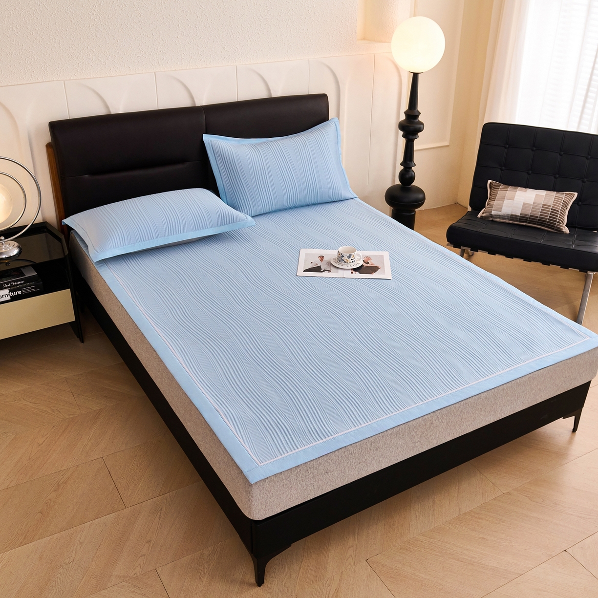 91家纺网 家纺一手货源 找家纺 梵克保罗 2026春夏新款高分子4D凉感冰豆豆席波浪纹款平席款凉席款三件套 波浪纹-海洋蓝