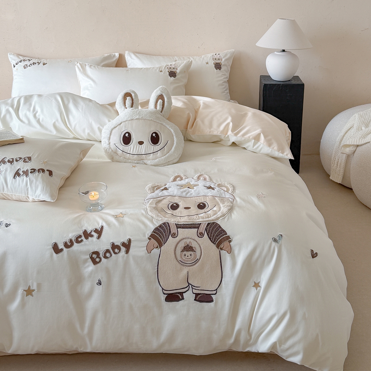 91家纺网 家纺一手货源 找家纺 优悦生活馆 2026新款全棉贴布绣四件套-幸运布布 幸运布布-白