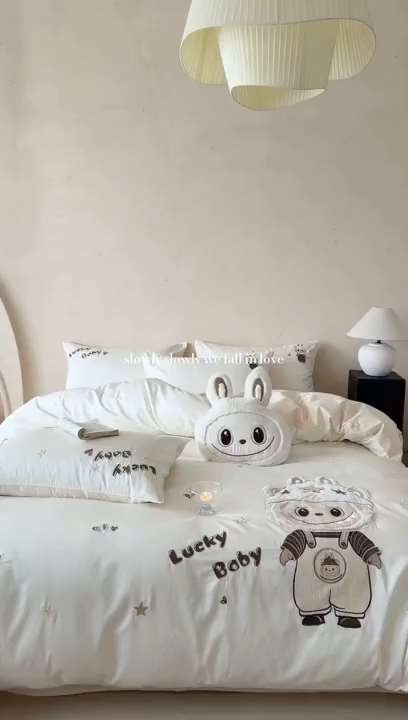 91家纺网 家纺一手货源 找家纺 优悦生活馆 2026新款全棉贴布绣四件套-幸运布布 幸运布布-白