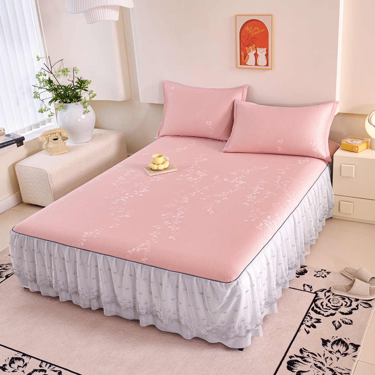 91家纺网 家纺一手货源 找家纺 （总）梵克保罗 2026春夏新款高分子复合凉感提花蕾丝双层床裙款凉席三件套花语系列