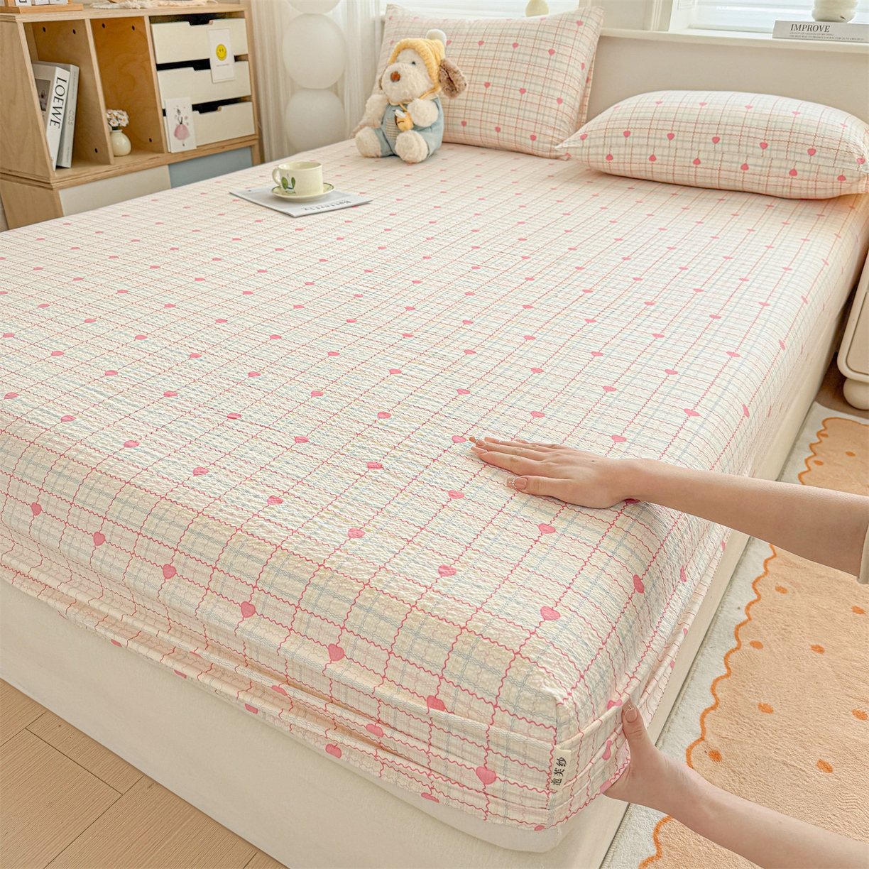 女子家纺 2026新款亲肤泡芙纱印花床笠单床笠床笠单件 心心相印