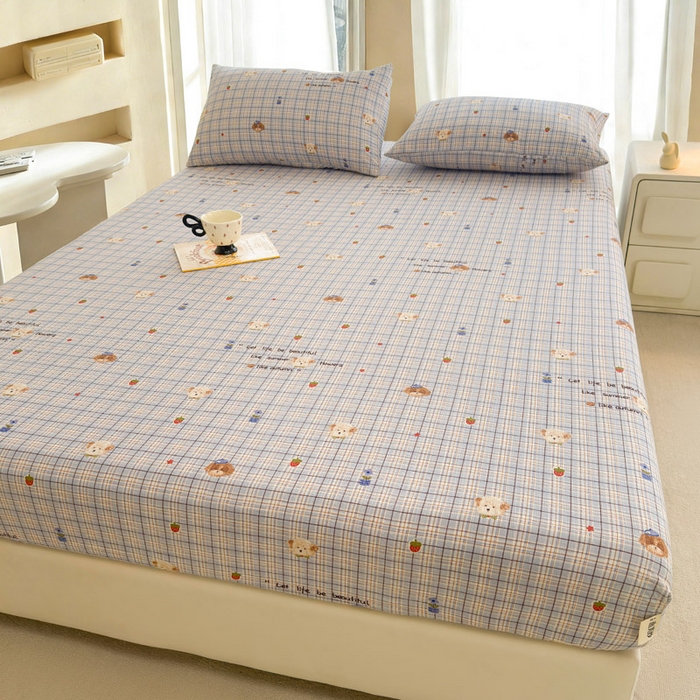 91家纺网 家纺一手货源 找家纺 几禾 2026新款高克重泡芙纱~印花款（单床笠）浅糯系列-110g CL浅糯-四季狗