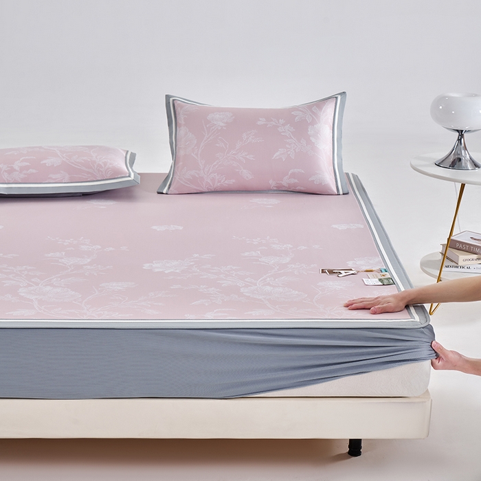 小牛席业 2026新款牡丹清凉大提花床笠款冰丝席凉席席子藤席竹席豆豆席乳胶席 粉色