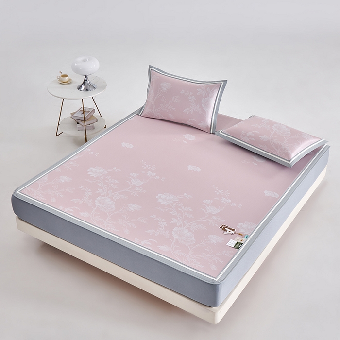 91家纺网 家纺一手货源 找家纺 小牛席业 2026新款牡丹清凉大提花床笠款冰丝席凉席席子藤席竹席豆豆席乳胶席 粉色