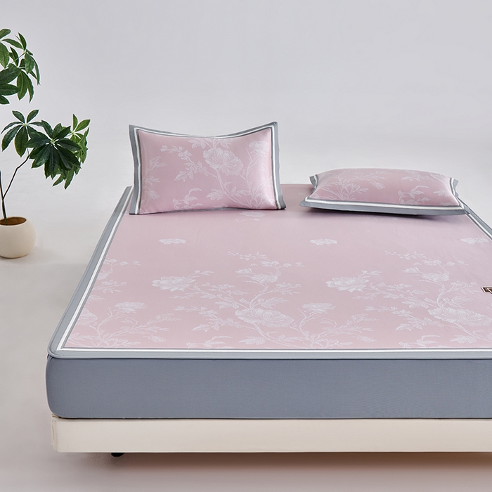 91家纺网 家纺一手货源 找家纺 小牛席业 2026新款牡丹清凉大提花床笠款冰丝席凉席席子藤席竹席豆豆席乳胶席 粉色