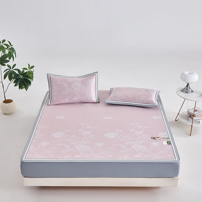 91家纺网 家纺一手货源 找家纺 小牛席业 2026新款牡丹清凉大提花床笠款冰丝席凉席席子藤席竹席豆豆席乳胶席 粉色